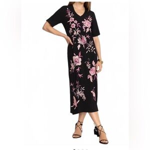 Johnny Was Black Maxi Dress with Pink Floral Embroidery